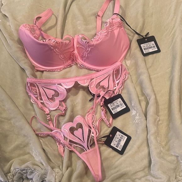 Honey Birdette Pink Heart Lace Bra, Garter, & Thong Set - Picture 2 of 4